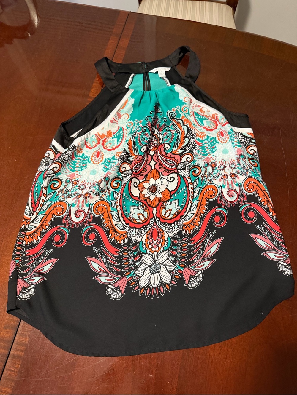 New York & Company Black, Teal & Coral Paisley Tank